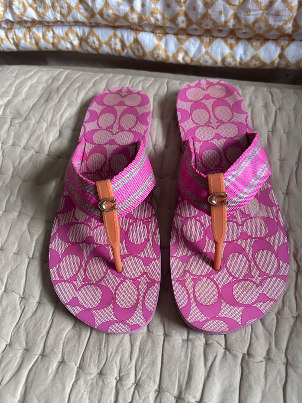 Coach Pink Logo-Print Flip Sandals with Orange Thong